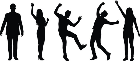 Silhouettes of people, expressive poses, dancing motion, celebration gesture, formal and casual, body language, minimal design, fashion, movement, illustration