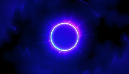 Vibrant neon blue and purple glowing circle with energetic flares on a dark, abstract background.