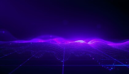 Abstract digital landscape with a network of purple and blue glowing lines, dots, and particles on a dark background.
