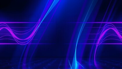Abstract digital art featuring vibrant blue and purple glowing waves and lines against a dark background.