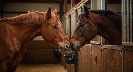 Fototapeta premium Two horses approaching in stable