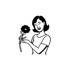 Black and white vector illustration of a beautiful woman holding a flower, minimal clean line art style
