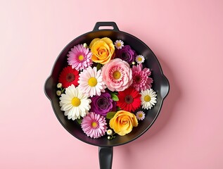 Floral arrangement in skillet pan colorful spring flowers creative cooking concept still life photography