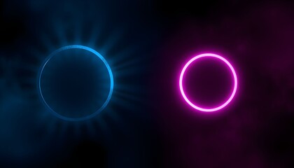 Obraz premium Two glowing neon circles, one electric blue with radiating light, the other vibrant magenta, set against a dark, smoky background, suggesting a digital or abstract concept.