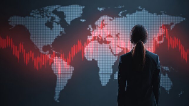Businesswoman analyzing global market trends using digital data and charts in a modern office environment.