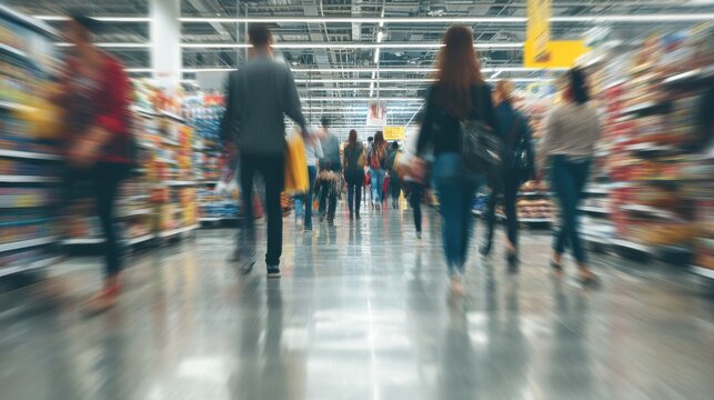Blurred image of shoppers walking through a busy supermarket aisle filled with various products and groceries.