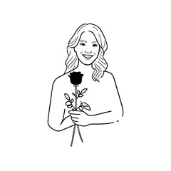 Black and white vector illustration of a beautiful woman holding a flower, minimal clean line art style	