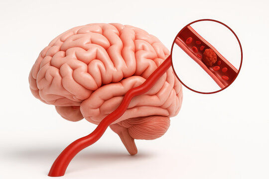 Stroke awareness concept with human brain and blocked blood vessel, highlighting importance of recognizing symptoms and promoting health education for prevention and treatment