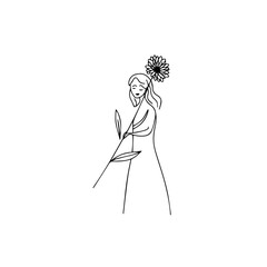 Black and white vector illustration of a beautiful woman holding a flower, minimal clean line art style	