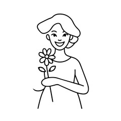 Black and white vector illustration of a beautiful woman holding a flower, minimal clean line art style	