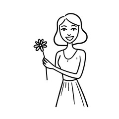 Black and white vector illustration of a beautiful woman holding a flower, minimal clean line art style	