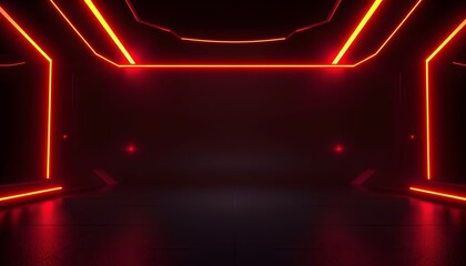 A dark, empty, futuristic corridor illuminated by vibrant red and orange geometric neon light lines, creating an abstract, high-tech tunnel.