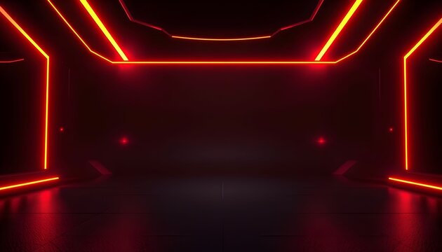 A dark, empty, futuristic corridor illuminated by vibrant red and orange geometric neon light lines, creating an abstract, high-tech tunnel. - Powered by Adobe