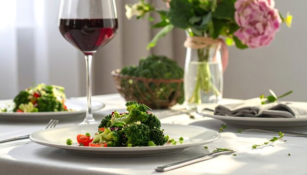 Elegant meal, colorful salad, wine