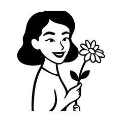 Black and white vector illustration of a beautiful woman holding a flower, minimal clean line art style	
