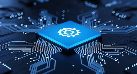 Close up of a glowing blue central processing unit cpu chip with intricate circuitry and a gear symbol representing technology and innovation