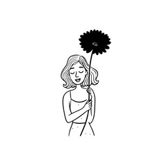 Black and white vector illustration of a beautiful woman holding a flower, minimal clean line art style	