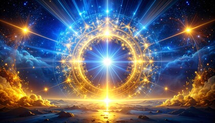 A radiant cosmic portal opens with brilliant celestial energy, illuminating a mystical, star-filled universe with glowing nebulae and shimmering light.