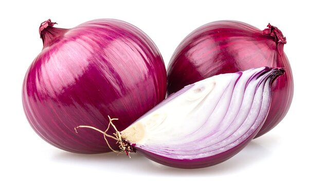 Two whole red onions and one slice, photographed against a white background, emphasizing texture and color. The onions display a vibrant purple hue