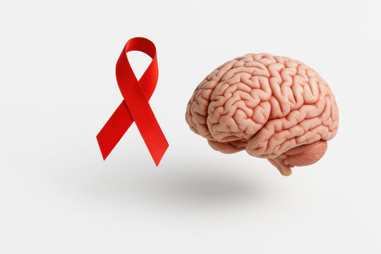 Stroke awareness concept with red ribbon and human brain model on white background highlighting health and prevention message