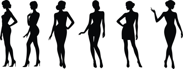 Silhouette of elegant women, fashion model poses, stylish female figure, standing woman illustration, beauty design concept - cad drawing flat vector illustration