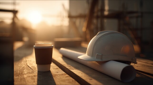 Construction site with hard hat and coffee cup at sunrise, symbolizing hard work and dedication in engineering.