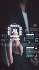 A business professional interacts with a futuristic holographic interface. Their finger points to a command prompt for AI Agents, surrounded by glowing data charts and a digital globe.