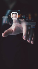 A person's hand touches a futuristic AI agents icon on a holographic interface. This user interacts with a virtual command prompt and data dashboards on a digital screen.