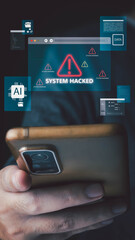 A person holds a mobile device as holographic displays show a critical 'SYSTEM HACKED' alert.