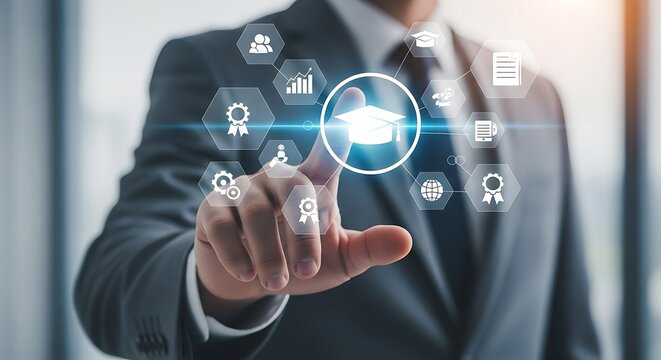 Businessman touching a glowing graduation cap icon surrounded by digital business and education icons representing online learning and future career opportunities in a modern office setting