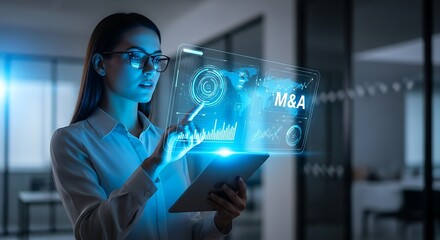 Young woman wearing glasses interacts with a futuristic holographic display showing glowing blue data charts and graphs in a modern office environment