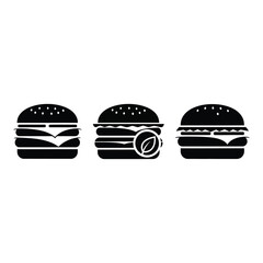 Three black silhouette burgers featuring a vegan option with leaf icon
