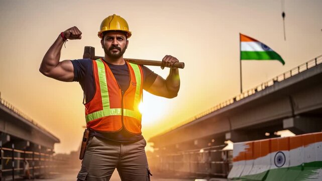 Strong construction worker flexing muscles holding hammer with Indian flag backdrop, showcasing dedication and progress on infrastructure projects