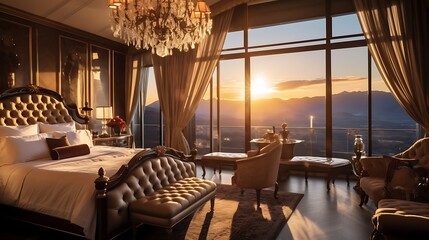 A luxurious suite with a tufted velvet bed and a crystal chandelier lamp, golden light warming the space, dramatic mountain views at sunset seen through expansive windows.