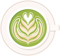 Top-down view of a cup of matcha latte with a heart and floral design in the foam, sitting on a white saucer.