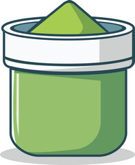 A stylized illustration of a matcha powder in a round container with a white lid and blue interior.