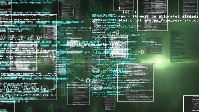 Binary backdrop initiating code windows floating while nodes forming flowchart visualizing network
