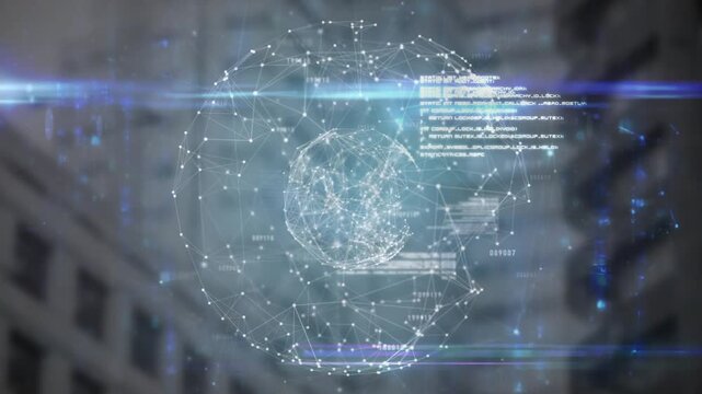 Upon open, white data points coalescing into rotating digital globe, code appearing forming network