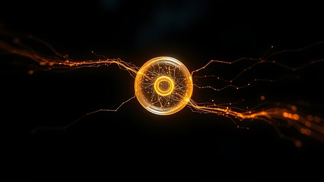 A single, glowing primordial cell dividing rapidly in a dark aquatic environment with vibrant energy trails.
