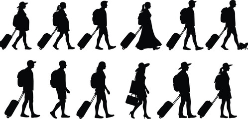 Traveler silhouettes, rolling suitcases, walking figures, casual and formal, travel diversity, airport style, motion, luggage, minimal design, illustration