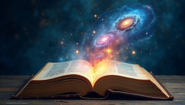An open book with pages transforming into galaxies and stars, symbolizing imagination, knowledge, and infinite possibilities.
