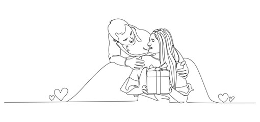 continuous line of a man giving a gift to his girlfriend