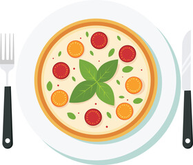 Top-down view of a pizza on a white plate, garnished with basil leaves, red and yellow tomatoes, accompanied by a fork and knife.