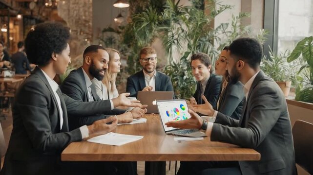 a diverse group of business professionals meeting in a modern caf&eacute;. They are exchanging ideas, nodding, and using a laptop to present a project. The caf&eacute; has stylish decor, indoor plants, and warm lig