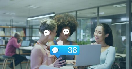 Businesswomen joining team after message bubble pop-up, watching chat count increasing - Powered by Adobe