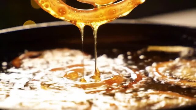 Delicious syrup dripping over freshly fried jalebi indian dessert close up