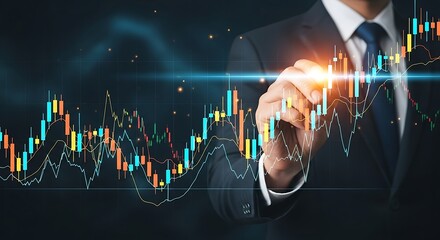 Businessman in a suit pointing at a glowing stock market graph with financial data overlayed on a dark background symbolizing economic growth and investment