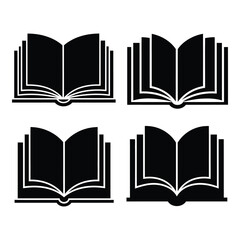 Four open books silhouette icons symbolizing knowledge education literature and learning