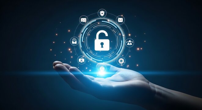 Digital security concept with an open padlock icon at the center of a glowing digital network held in an open hand against a dark background - Powered by Adobe