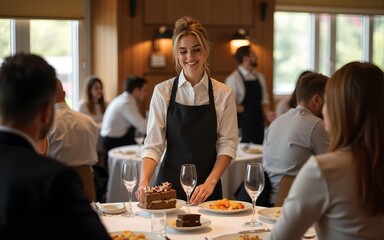 Waitress serving at table. High quality